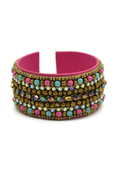 Glass Rainbow Multed Seed Bead Leather Cuff Glass Rainbow Multed Seed Bead Leather Cuff